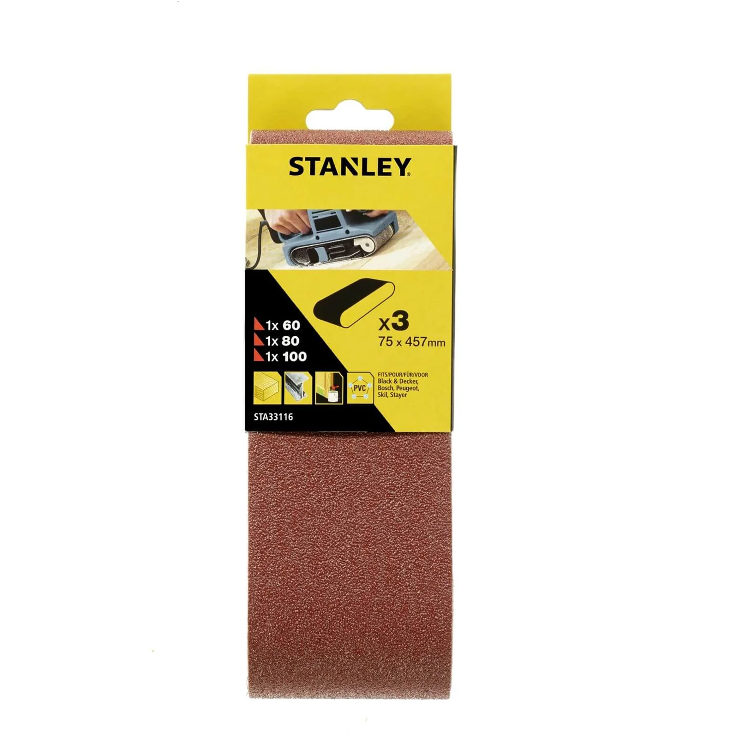 Stanley Belt Sander Belts 75x457 Mixed - STA33116-XJ 3 Stanley Belt Sander Belts 75x457 Mixed - STA33116-XJ