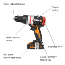 Worx WX354 20v Cordless Brushless Combi Hammer Drill With X2 2.0Ah Batteries -Silverlife Store 14229056 4165019849129780