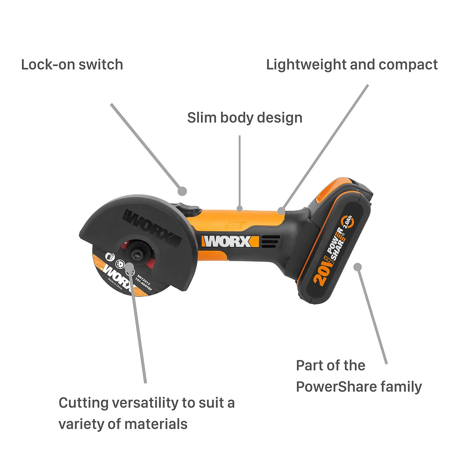 Worx WX801 20v 2.0Ah Chopper Cordless Mini Angle Grinder 6 Worx WX801 20v 2.0Ah Chopper Cordless Mini Angle Grinder - Image 4